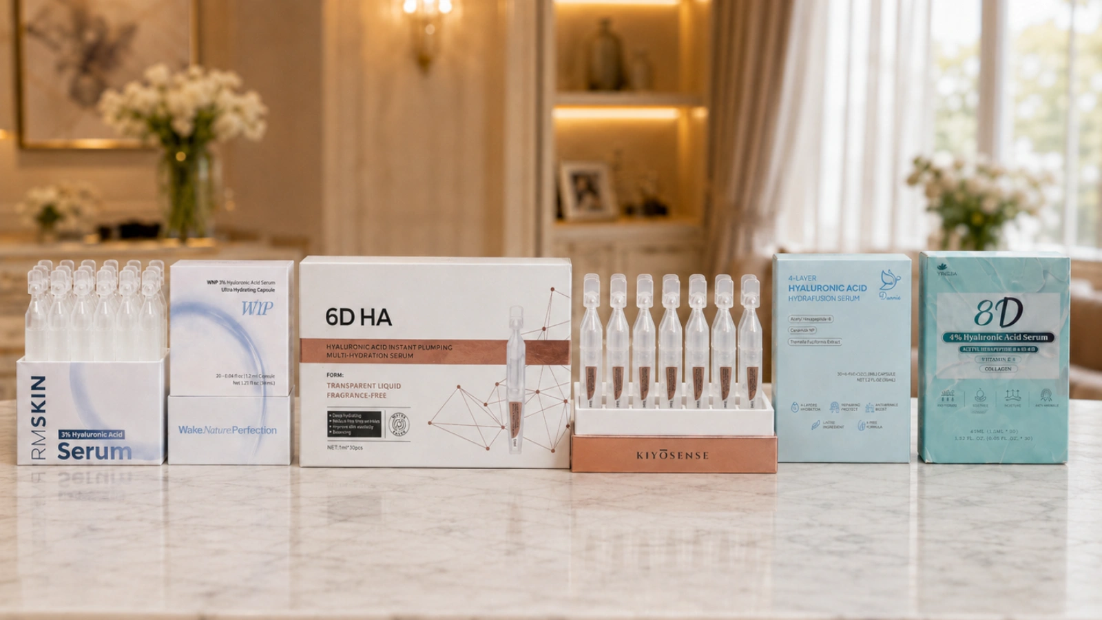 Comparison lineup of five popular hyaluronic acid serums