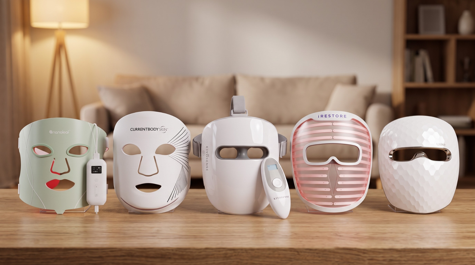 Comparison lineup of five popular LED face masks